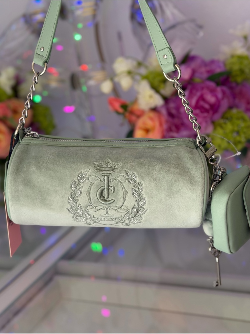 Juicy Couture Sparkle Royal Frost Green Velour Barrel Shoulder Bag Crown Key NEW
